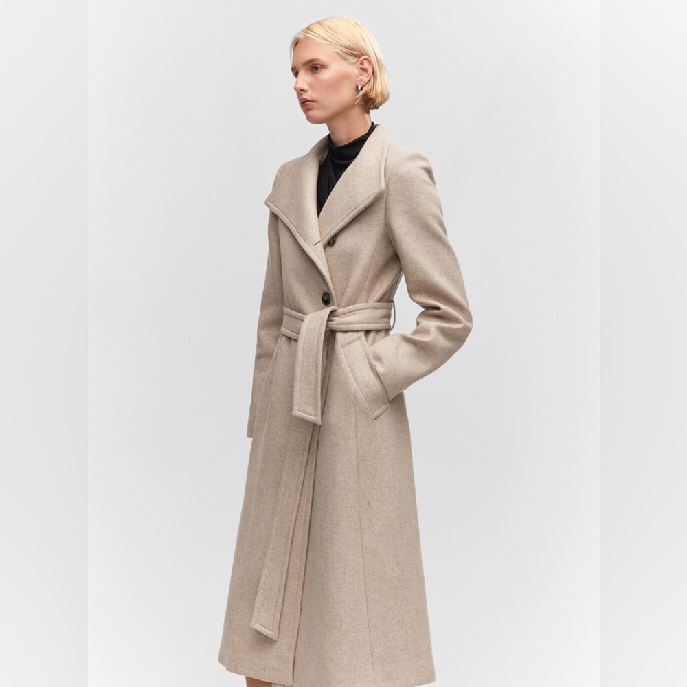 Mango Manteco Italian Wool Midi length Beige Button coat with belt size Small